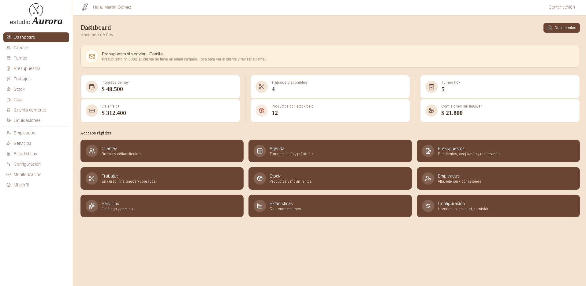 Dashboard del sistema de gestión de peluquería